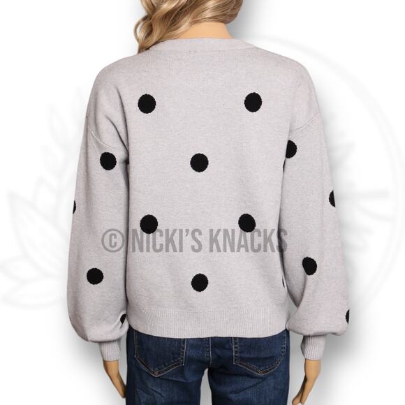 Premise Gray Black Polka Dot Puff Sleeve Stretch Knit Sweater Pullover Size XS - Picture 6 of 11